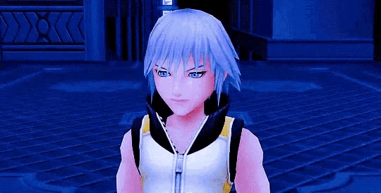 a video game character with a blue hair and a white shirt