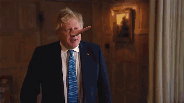 a man in a suit and tie has a long nose and a flag pin on his jacket
