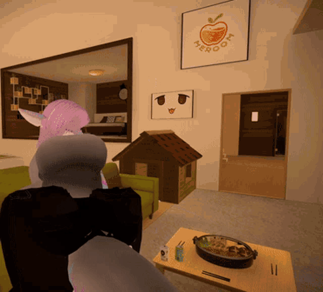 a man and a woman are sitting in a living room with a sign above them that says " heroom "