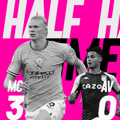 two soccer players on a pink background with half time written in white