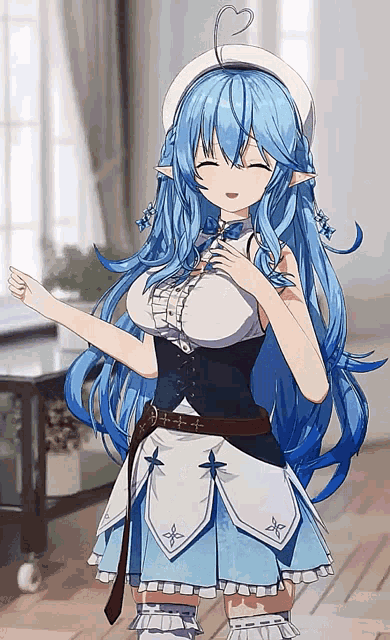 a blue haired anime girl wearing a white hat