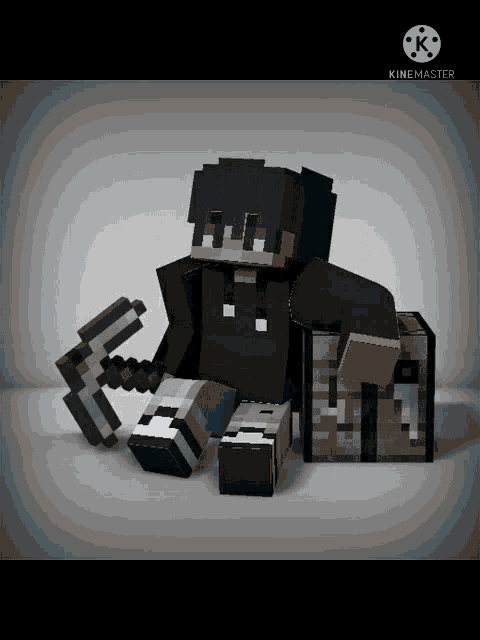 a minecraft character is sitting on a block with a pickaxe in his hand