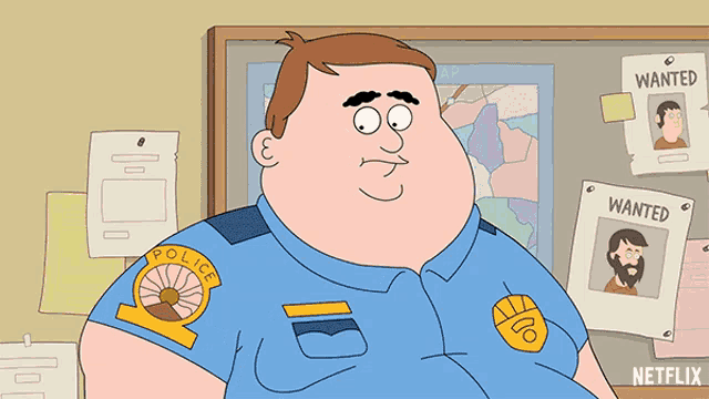 a cartoon of a police officer in front of a wanted poster