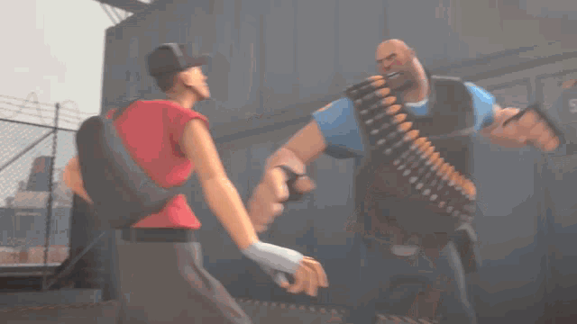 a man in a red shirt is holding another man 's arm