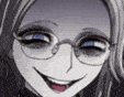 a close up of a woman 's face with glasses and a smile .