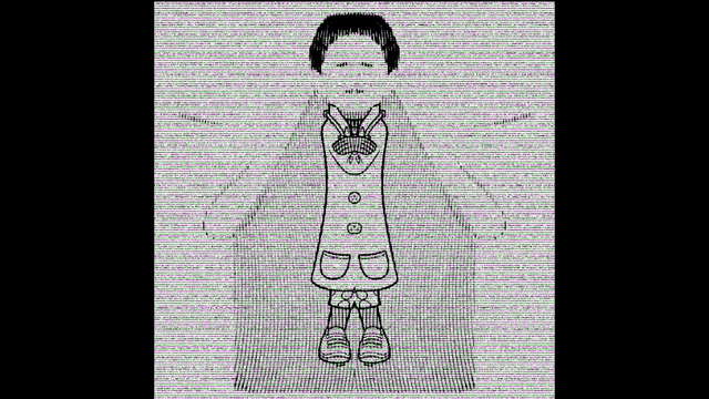 a black and white drawing of a girl standing in front of a wall of text .