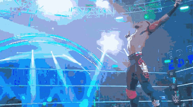 a pixelated image of a wrestler in a ring with the letters w on it