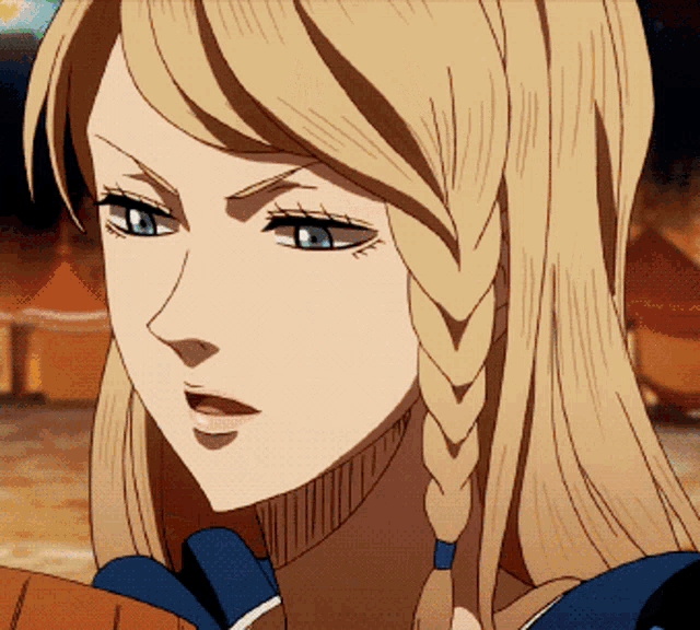 a close up of a blonde anime girl with green eyes