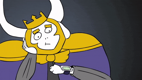 a cartoon of a king with horns and a crown holding a watch that says 12:58
