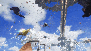 a bunch of confetti is flying in the air with a blue sky in the background