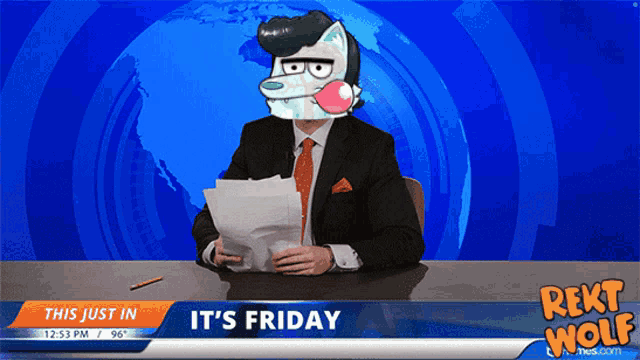 a news anchor says it 's friday and has a bubble gum in his mouth