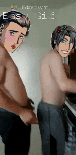 two shirtless men are standing next to each other with the words edited with gil visible