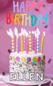 a happy birthday greeting card with a cake and candles