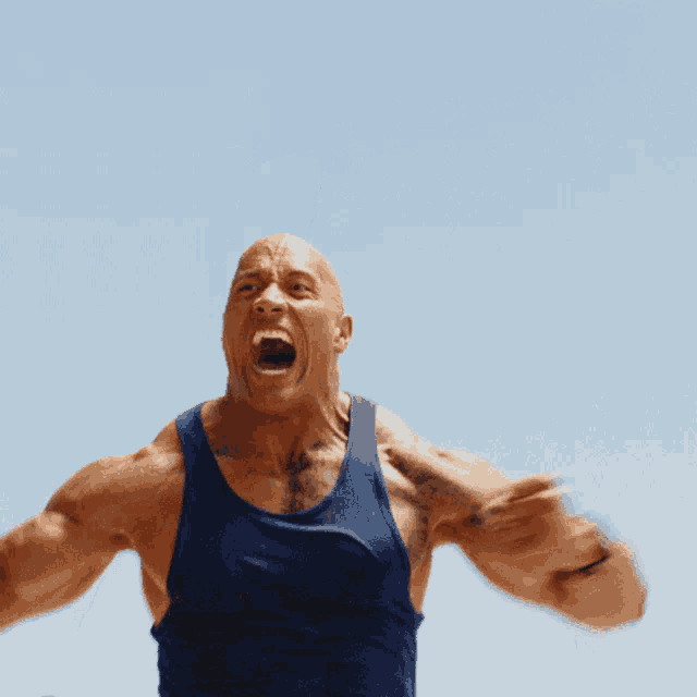a man in a blue tank top screams with his mouth open