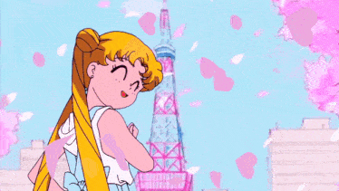 a cartoon girl stands in front of a pink tower