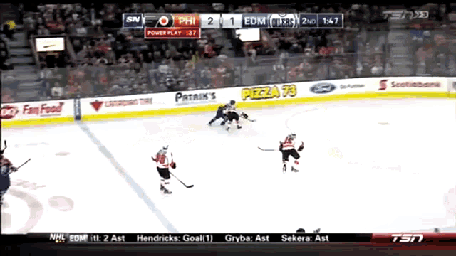 a hockey game is being played on a tv screen