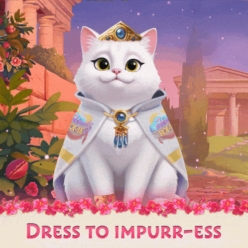 a white cat wearing a white cape and a crown with the words dress to impurr-ess