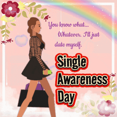 a poster for single awareness day with a woman walking with shopping bags