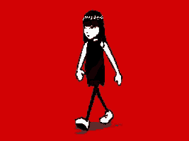 a pixel art of a girl walking on a red background