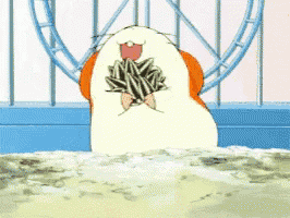 a cartoon hamster is sitting in a cage with a wheel behind it