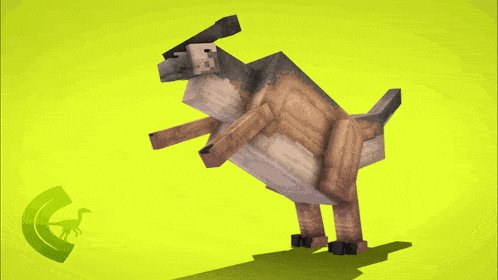 a computer generated image of a sheep on a yellow background with a dinosaur logo in the corner