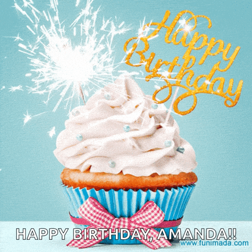 a birthday card with a cupcake and a sparkler that says happy birthday amanda