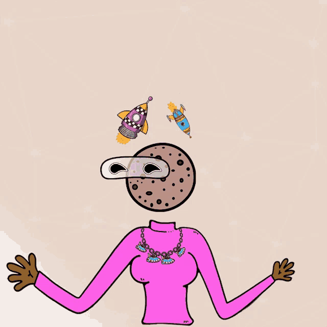 a cartoon drawing of a woman with a cookie head and rockets