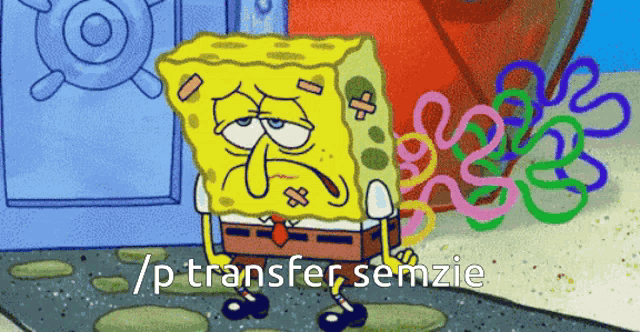 a cartoon of spongebob with the words " / p transfer semzie " below him