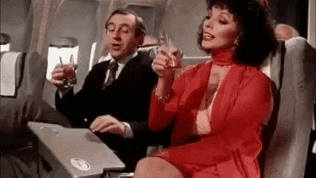 a man and a woman are sitting on a plane holding glasses of wine .