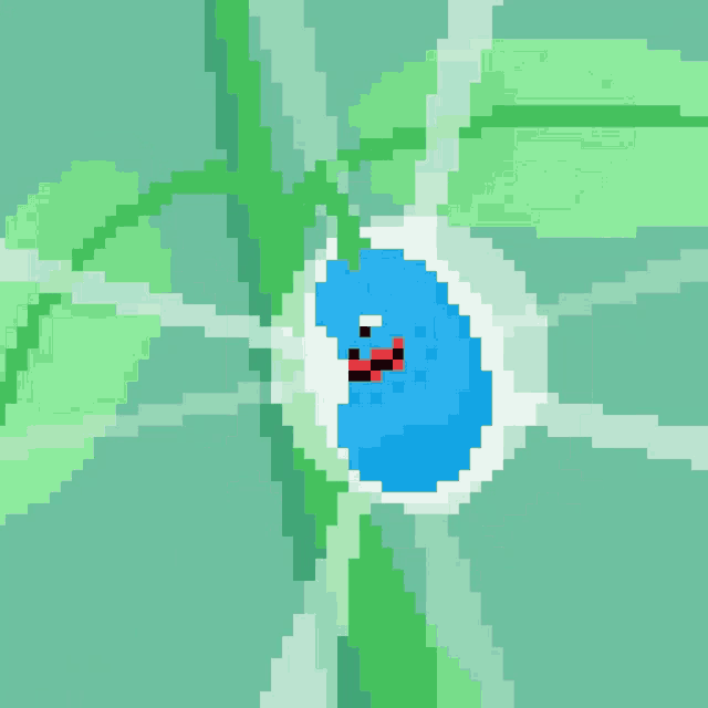 a pixel art drawing of a flower with a blue drop in the center