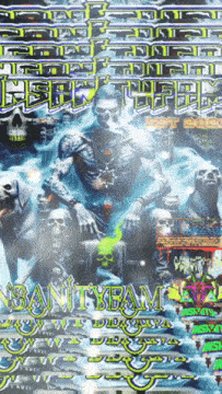 a poster for insanity team shows a man smoking a cigarette surrounded by dogs