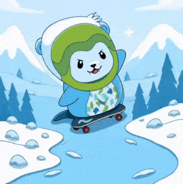 a cartoon character is riding a skateboard down a snowy hill