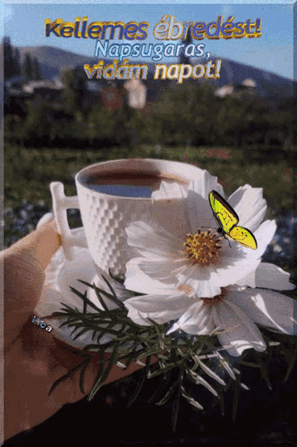 a picture of a person holding a cup of coffee and a flower