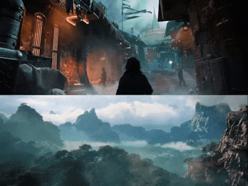 a painting of a city and a painting of a forest