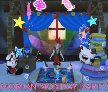 a momon monday party poster with a cartoon character