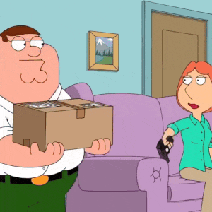 peter griffin is holding a cardboard box while lois griffin is pointing a gun at him