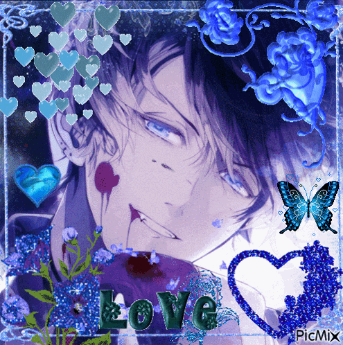 a picture of a man with hearts and butterflies and the word love
