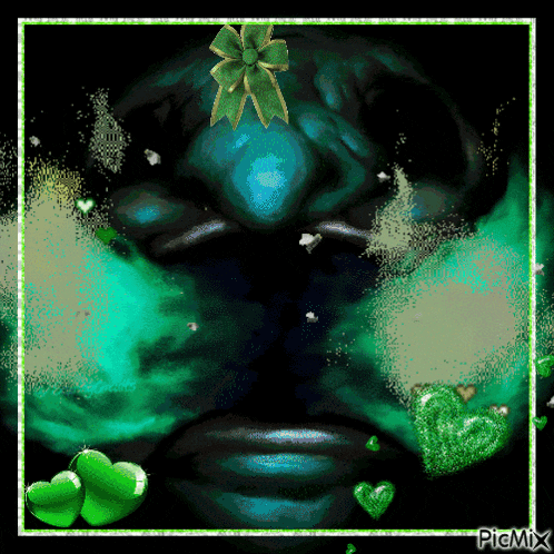 a picture of a person 's face with hearts and a flower on it and the words picmix at the bottom