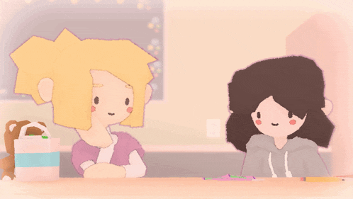 a cartoon of two girls sitting at a table with a pink bag in the background