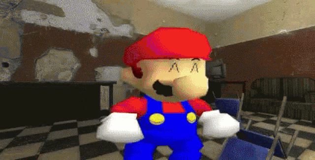 a pixelated image of mario in a room with a checkered floor