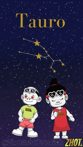 a cartoon of a boy and a girl standing next to each other under a constellation of tauro