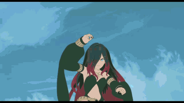 a drawing of a woman with long black hair and red highlights
