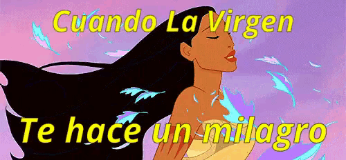 a cartoon of pocahontas with the words cuando la virgen te hace un milagro below her