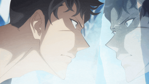 a man is looking at his reflection in the mirror