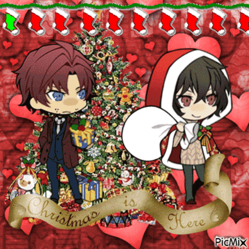 a couple of anime characters standing next to a christmas tree with the words christmas is here