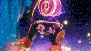 a person with blue hair is holding a purple lollipop in their hands .