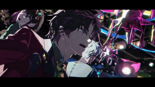 a group of anime characters including a man with a skull on his shirt