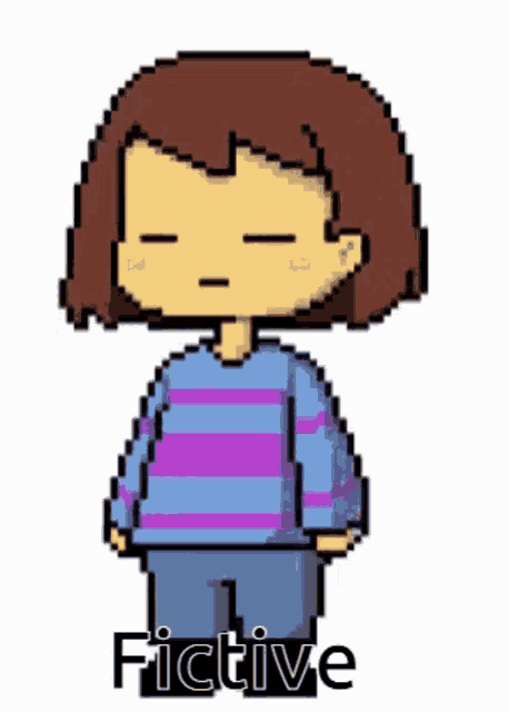 a pixel art of a girl with a blue and purple striped shirt and the word fictive .