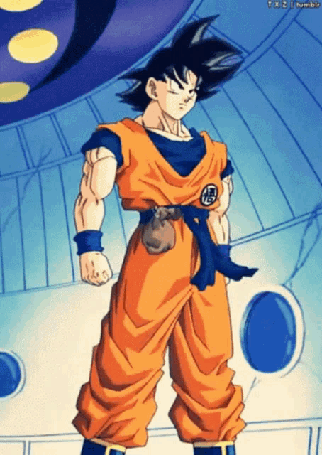 a cartoon of goku from dragon ball z standing in a room
