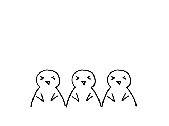 a black and white drawing of three penguins with their arms up